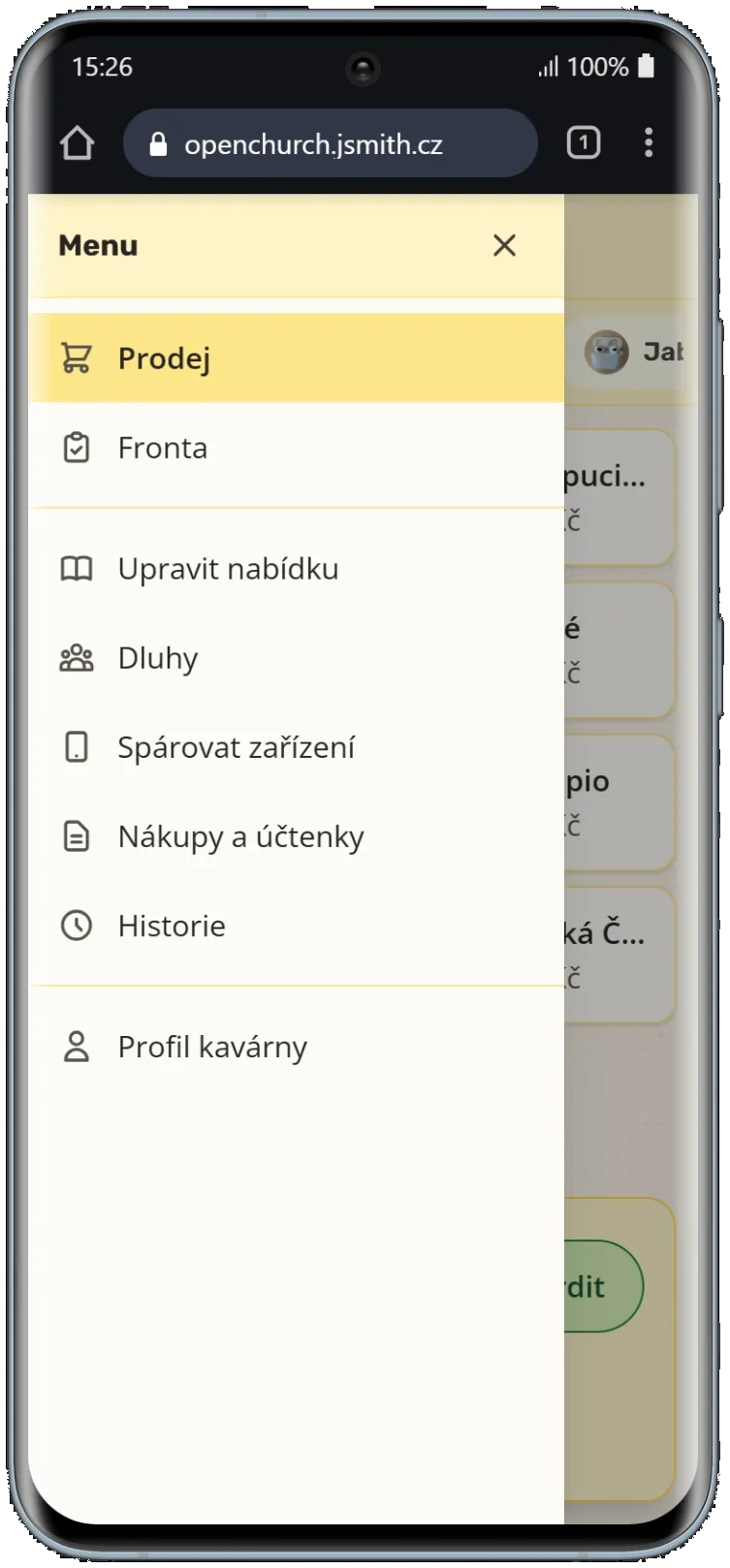 Menu kavárenské aplikace se sekcemi Prodej, Fronta, Dluhy, Nákupy a účtenky a Historie