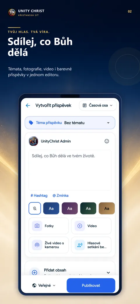 Ukázka aplikace Unity Christ: editor nového příspěvku