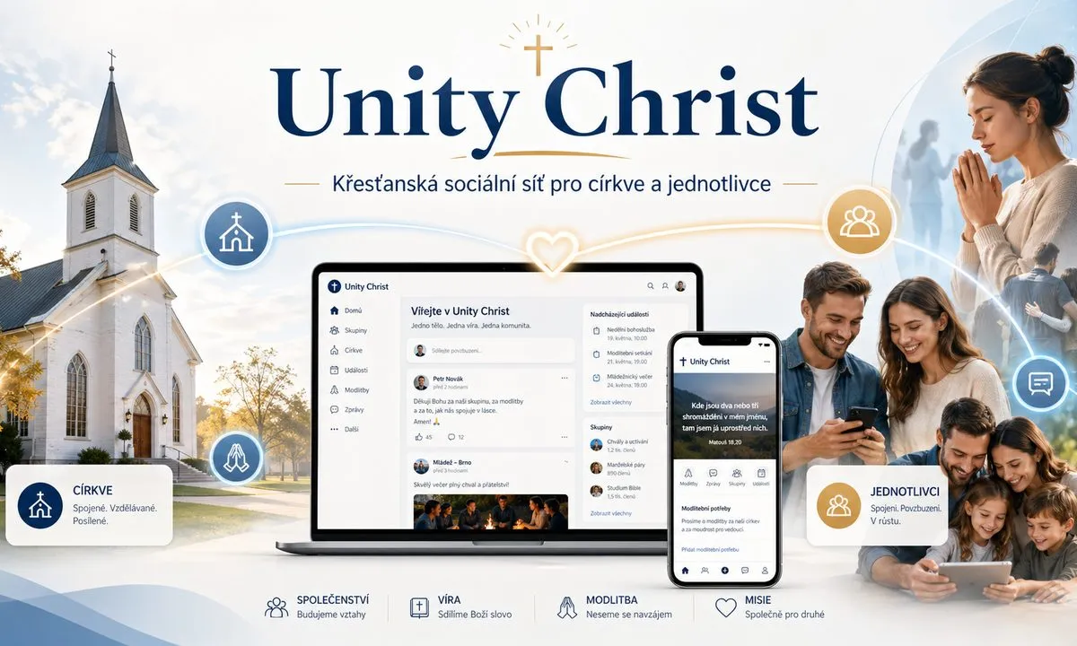 Kostel, rodina a sociální síť Unity Christ na notebooku a telefonu