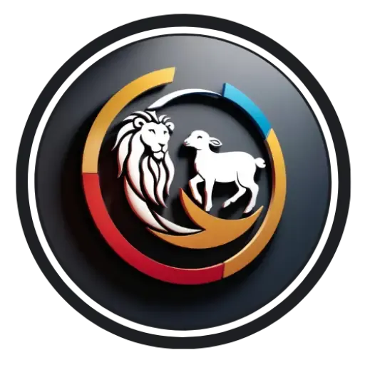 Logo Unity Christ – lev a beránek v barevném kruhu na tmavém pozadí