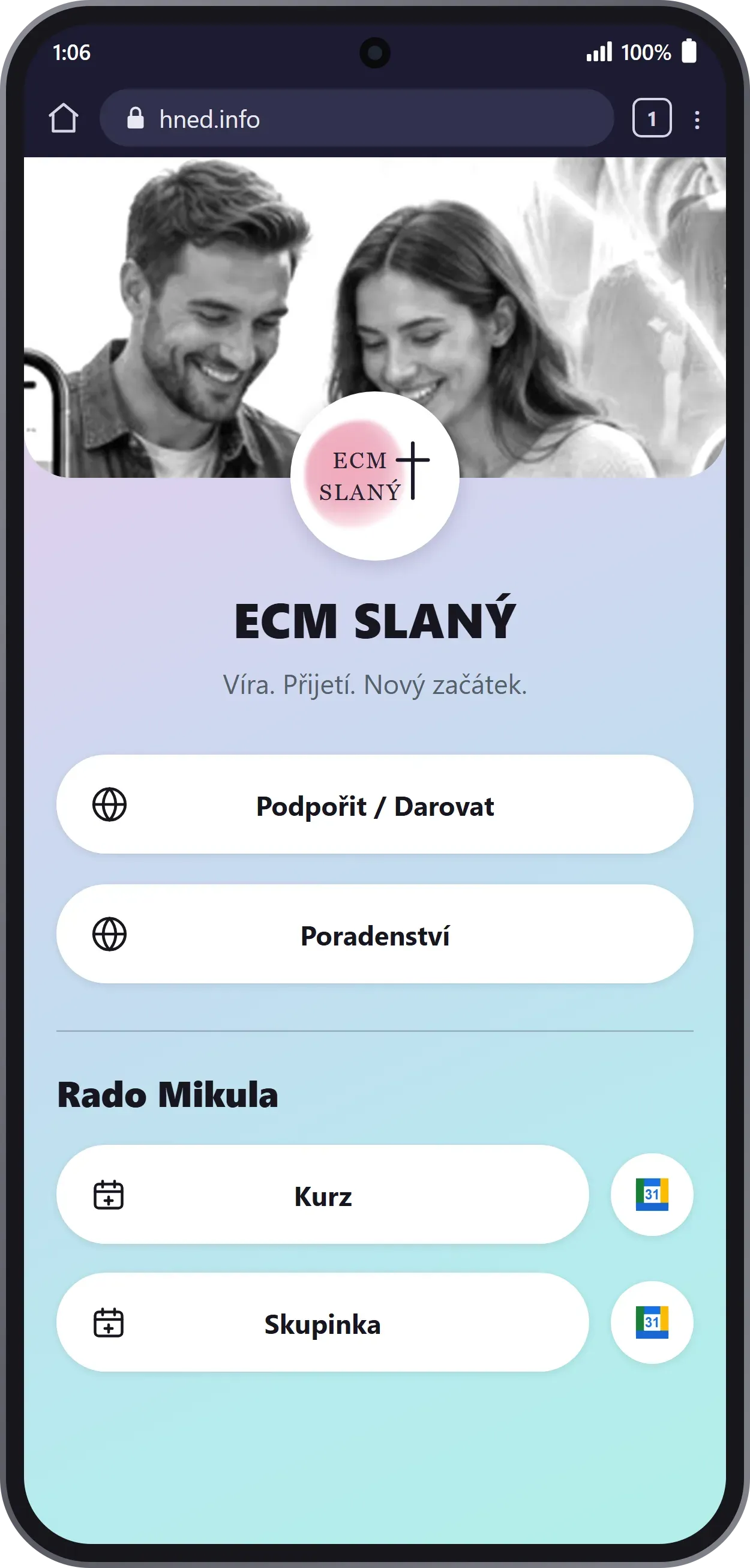 Mobilní stránka ECM Slaný na telefonu — tlačítka Podpořit/Darovat, Poradenství a přihlášení do kurzu a skupinky