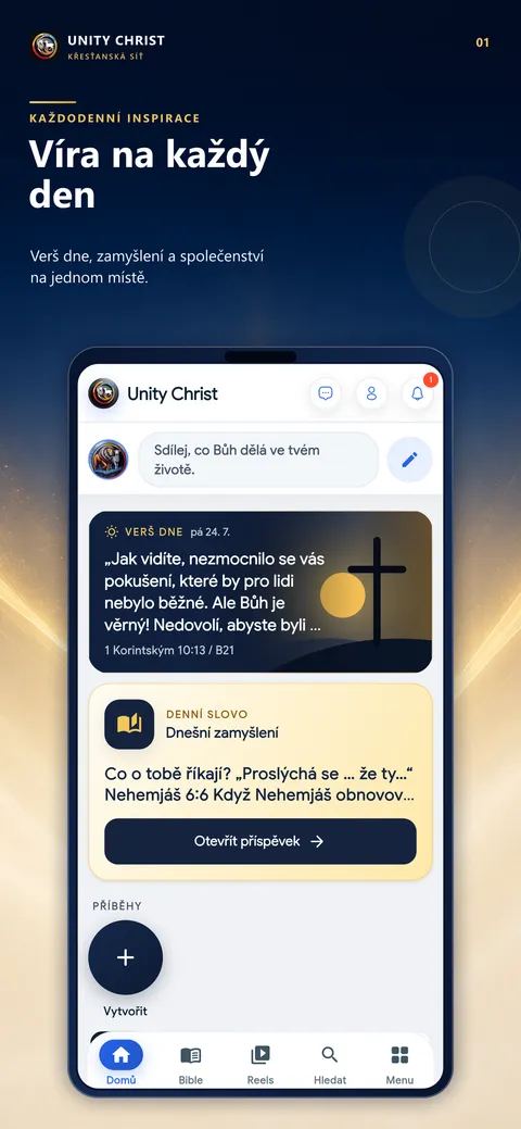 Ukázka aplikace Unity Christ: domovská obrazovka s veršem dne a denním slovem