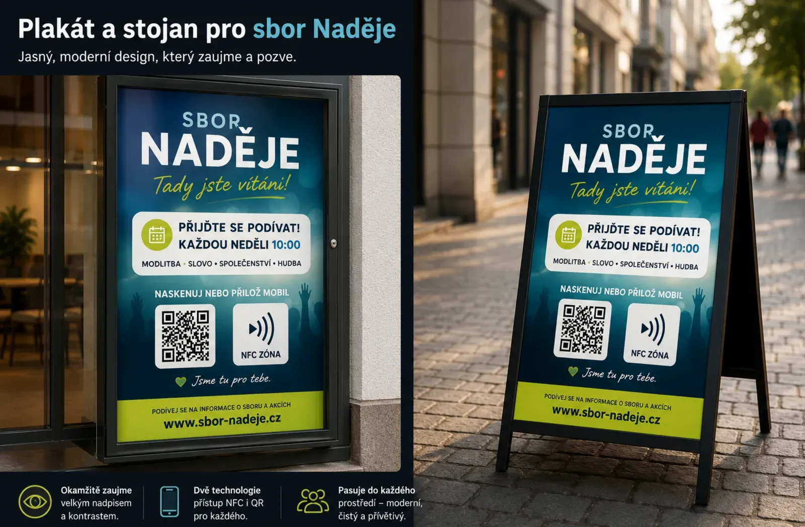 Plakát ve vitríně a áčkový stojan sboru Naděje — QR kód a NFC zóna na jednotném vizuálu