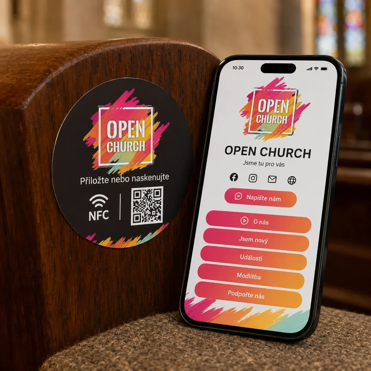 Telefon s profilem sboru vedle NFC & QR samolepky na kostelní lavici