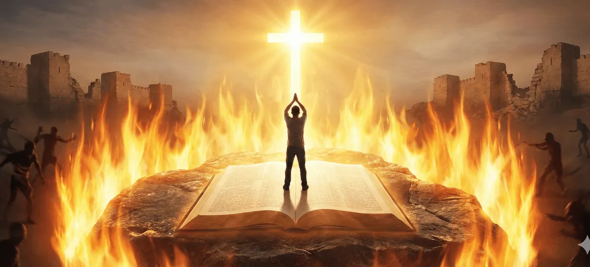 Člověk se modlí před otevřenou Biblí se zářícím křížem