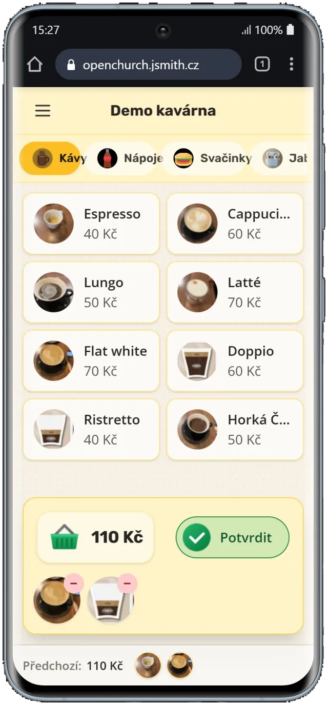 Aplikace Unity Café s nabídkou objednávek