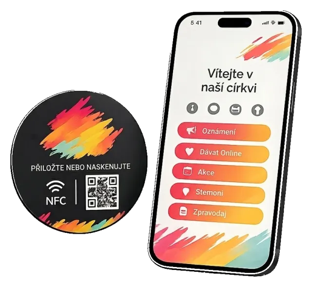 NFC a QR samolepka Unity Christ s telefonem